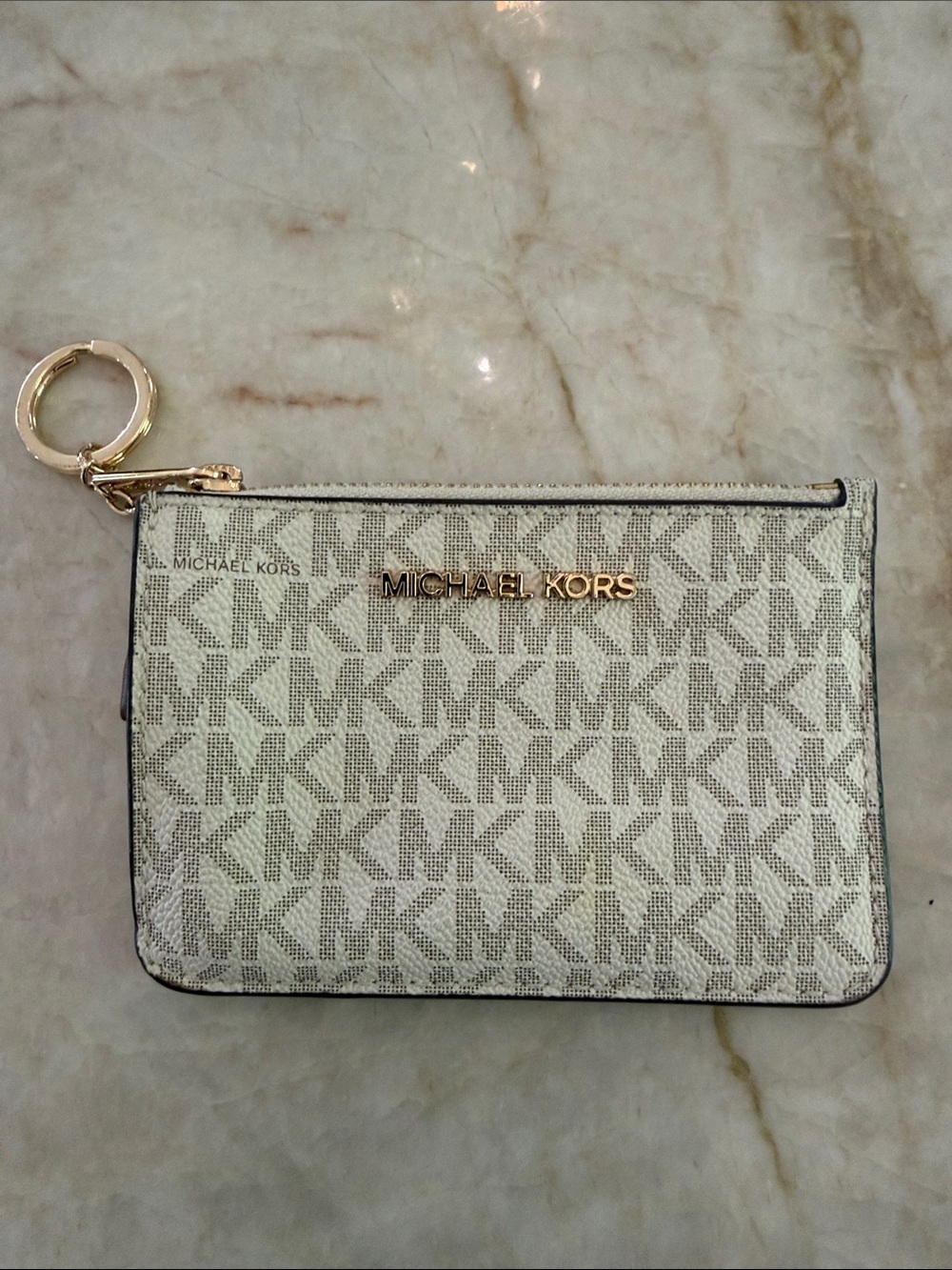 Michael Kors Beige/Gold Signature Card Pouch with Keyring